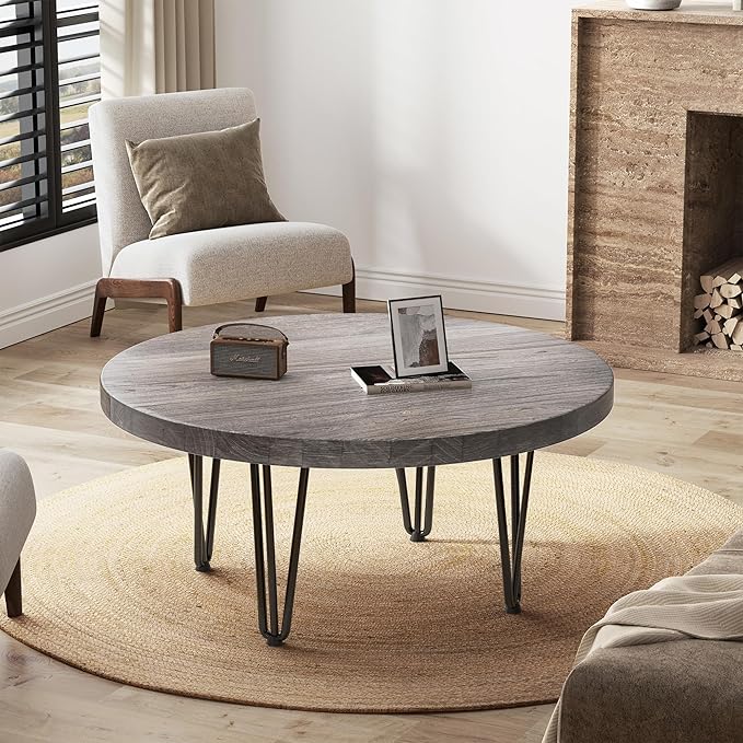 Rustic Wood Round Coffee Table with Metal Legs, Solid Elm Wood Top and Non-Slip Feet Pads - Farmhouse Style for Living Room, Grey