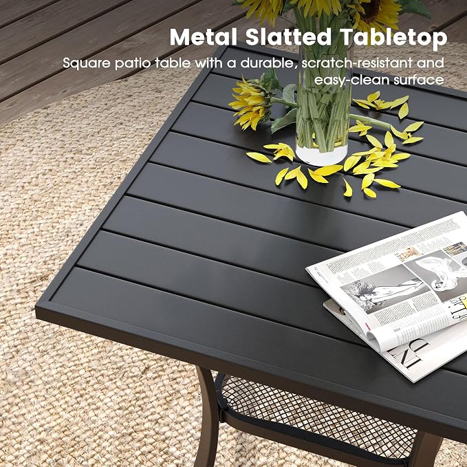 DIFY 3-Piece Outdoor Patio Bistro Dining Set, Black Small Square Dining Table & 2 Brown Stackable Metal Chairs with Breathable Fabric, Outdoor Furniture Set for Balcony, Porch, and Deck - Image 3