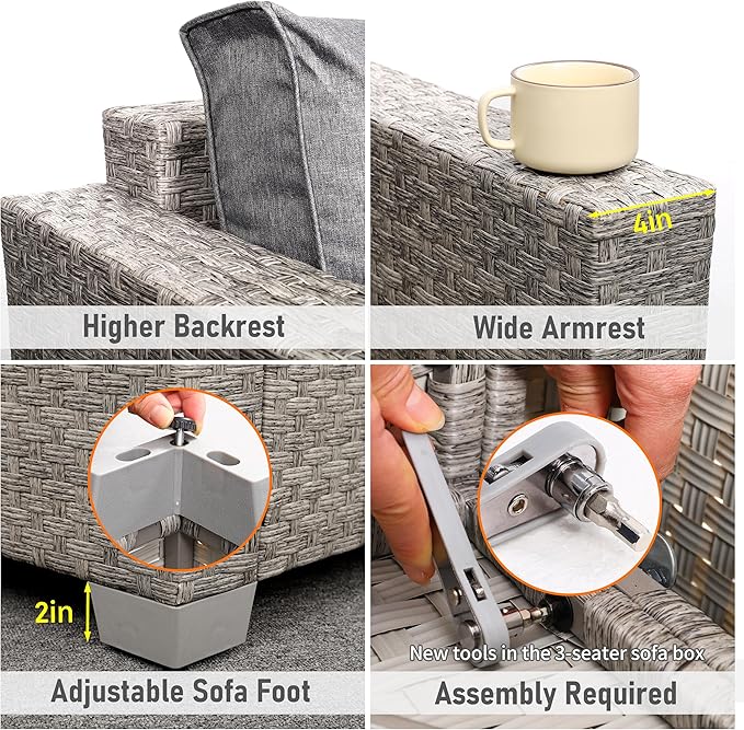 WAROOM Patio Furniture Set 7 Piece Grey Wicker Outdoor Conversation Sets PE Rattan Sectional Sofa with Large Fire Pit Table and Anti-Slip Grey Cushion