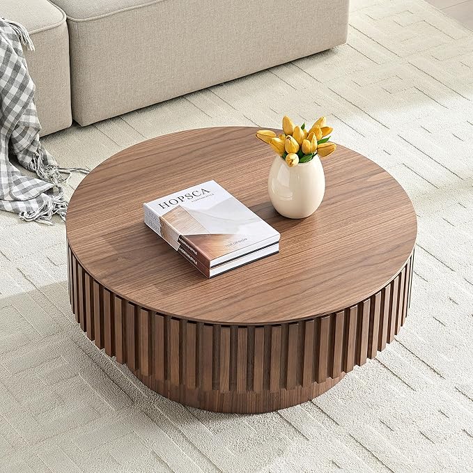 WILLIAMSPACE 31.49" Round Coffee Table with Storage for Living Room, Modern Circle Center Table with Solid Wood Veneered & Sturdy Pedestal, Accent End Tea Table for Apartment - Walnut