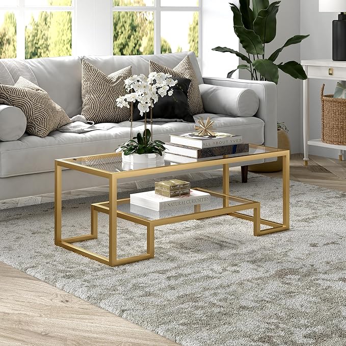 Henn&Hart 45" Rectangular Coffee Table with Glass Top and Raised Lower Shelf for Living Room, Family Room, or Office, Gold