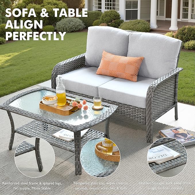 Weaxty Wicker Patio Furniture Set High Back Loveseat Sofa Couch Armchair Coffee Table, All Weather Rattan 4 Pieces Outdoor Conversation Sets for Patio Porch Deck Backyard Poolside, Gray