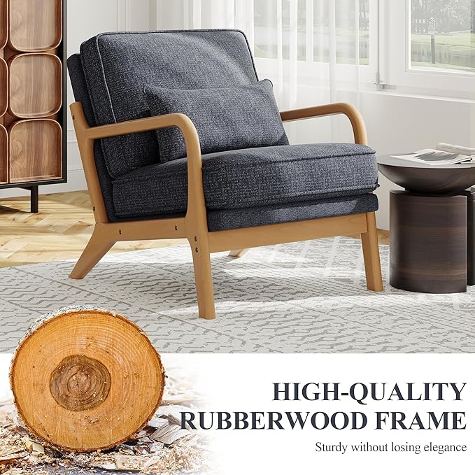 MALOL Accent Chair with Solid Wood Frame, Mid-Century Relaxing Armchair Lumbar Pillow& Soft Cushion, Reading Leisure Chair for Living Room, Bedroom, Waiting Room-Blue