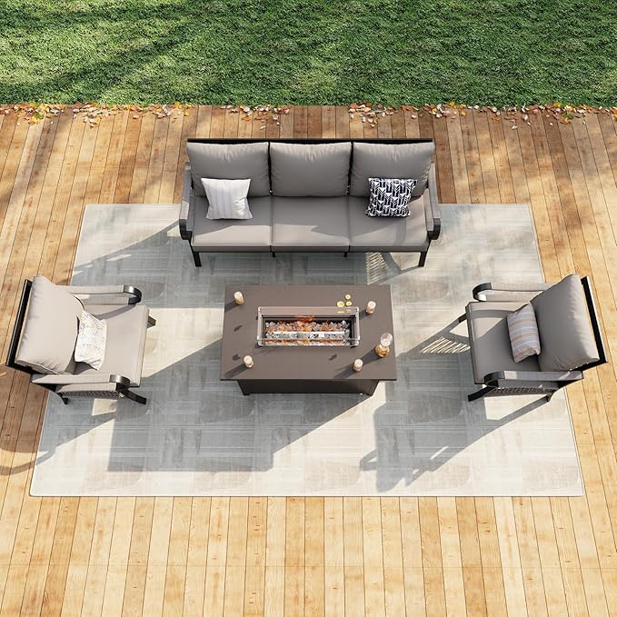 4 Pieces Outdoor Patio Conversation Sets, Outdoor Furniture Set Metal 3-Seater, 2 Single Chairs, Fire Pit Table for Backyard Deck Porch Poolside, Beige