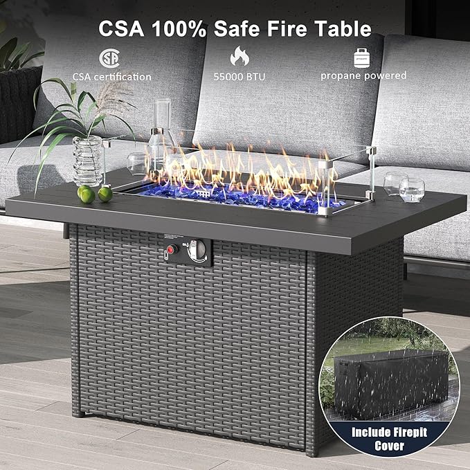 LayinSun 4 Piece Outdoor Furniture Set with Fire Pit Table, Modern Rope Woven Patio Conversation Sofa Set with Olefin Braid and Deep Seating
