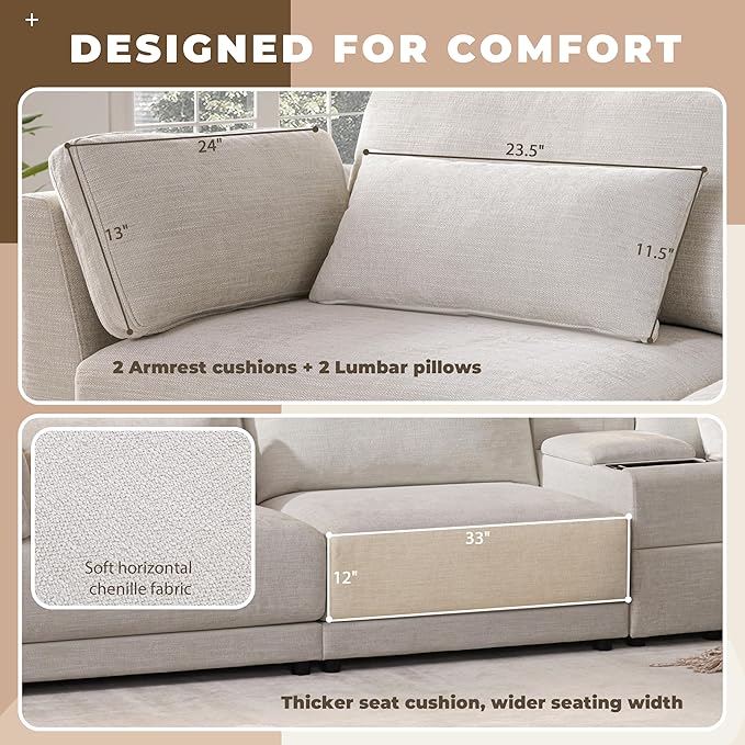 124" L-Shaped Corner Sectional Sofa with Multi-Functional Storage Console for Home Apartment, Luxury Chenille Upholstered Cloud Couches W/Wireless Charger & Ottoman