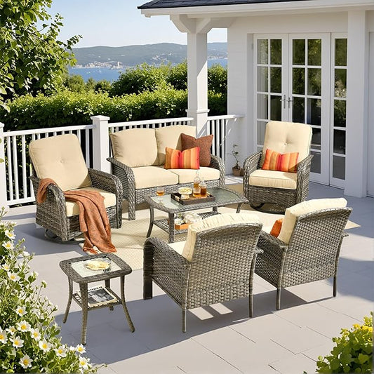 Weaxty 7 Pieces Patio Furniture Set,Wicker Outdoor Swivel Rocking Chairs,Rattan Loveseat Couch,Coffee Table,Patio Sofa Conversation Sets for Deck Backyard Porch Poolside,Beige