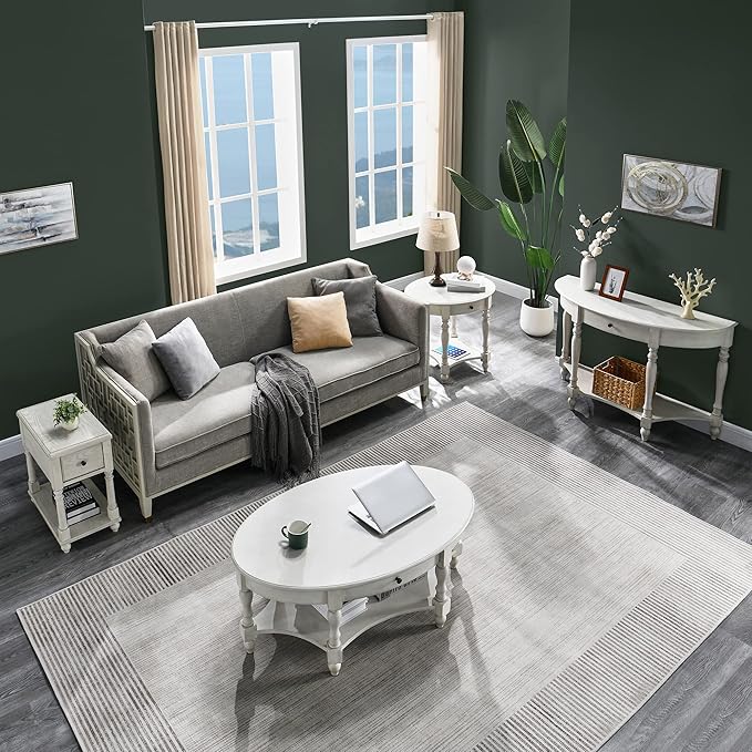 MODERION Coffee Table with Drawer, Solid Wood Oval Center Table with Storage Shelf, Traditional Living Room Table with Elegant Vintage Style, 45” x 27.6” x 18.2” Antique White KFZ2233RW