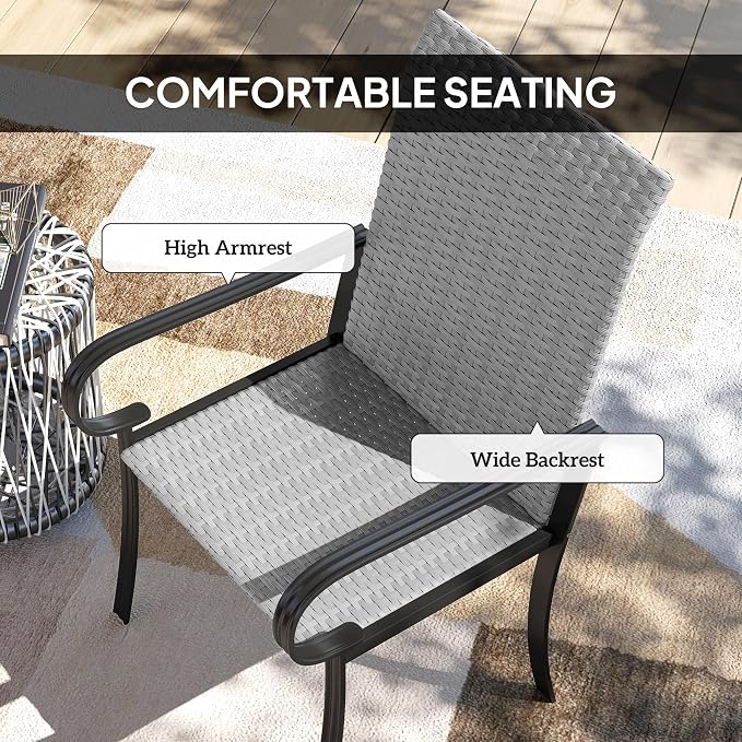 Outsunny Set of 4 Outdoor Wicker Dining Chairs, All-Weather Rattan Armchairs with Armrests, Steel Frame, High Back and Deep Seating, for Garden, Patio, Deck, Yard, Poolside, Gray - Image 5