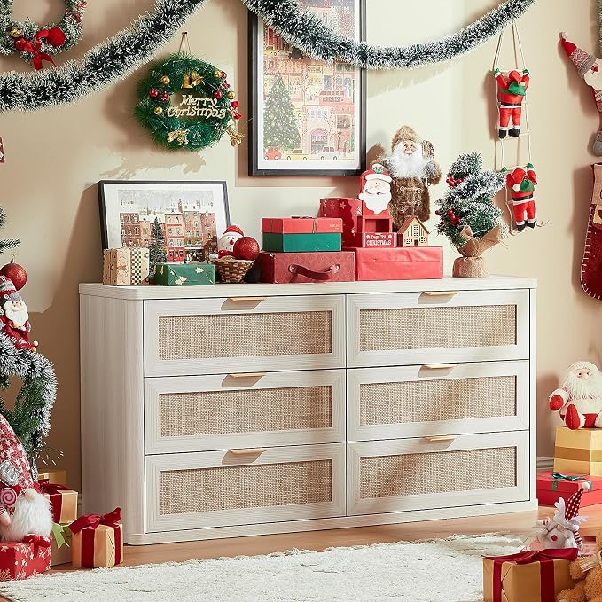 LEYAOYAO Boho Dresser for Bedroom, 6 Drawers Rattan 54" White Dressers Chest of Drawers, Dresser TV Stand, Dressers Closet Organizer for Living Room, Hallway - Image 8