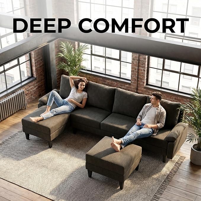 Modern L-Shaped Sectional Sofa with Storage Ottoman, Apartment Sectional Couch with Left Facing Chaise, 3-Piece Living Room Sofa Set, 115 Inch Furniture, Brown