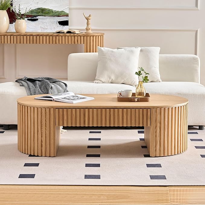 Oak Oval Coffee Table with Storage for Living Room 51.18" Wooden Fluted Coffee Table with Drawer Modern Handcrafted Centre Table Easy Assembly