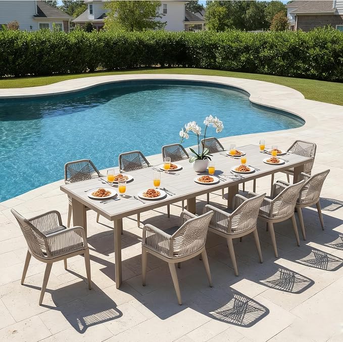 PURPLE LEAF 11 Pieces Patio Dining Set Aluminum Modern Oversize Rectangular Table and Rattan Arm Chairs with Cushions for Kitchen Porch Garden Outdoor Furniture Sets, Champagne by PURPLELEAF