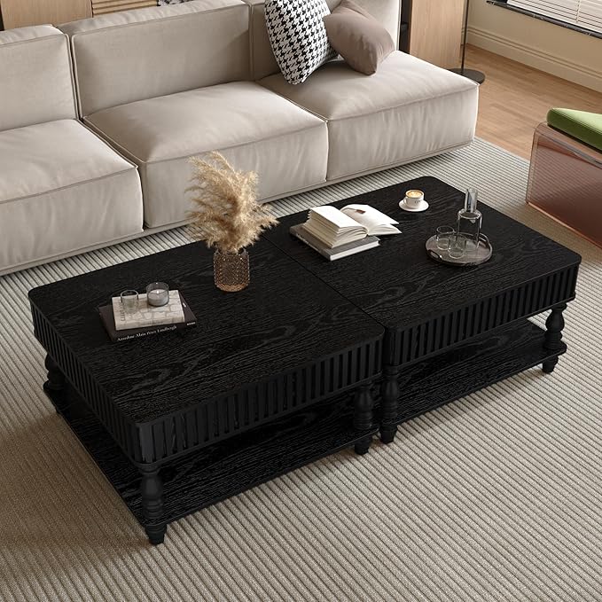 31.5" Square Lift Top Coffee Table with Storage Modern Fluted Coffee Tables with Lifting Top, Farmhouse Solid Wood Center Table with Table Legs for Living Room, Apartment or Office (Black)