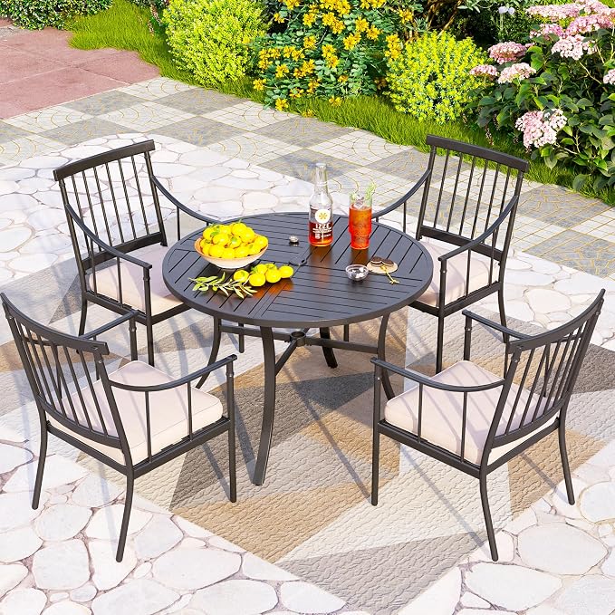 PHI VILLA Outdoor Round Dining Table for 4, 42" Large Metal Wrought Iron Table with Umbrella Hole, All Weather Dining Furniture for Patio, Deck, Yard, Porch - Black - Image 2