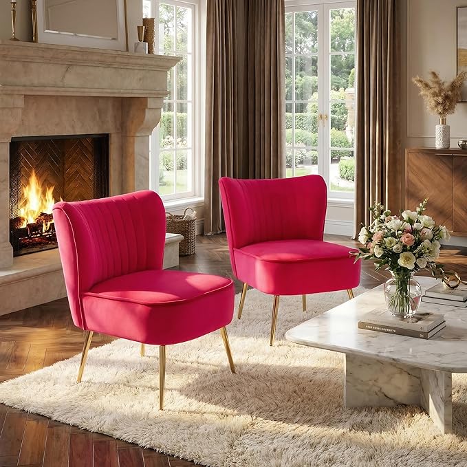 DUOMAY Modern Accent Chair Set of 2 Velvet Slipper Chair with Gold Legs Wingback Side Chair for Living Room Bedroom Entryway Small Corner Chair for Space Saving, Rose Red