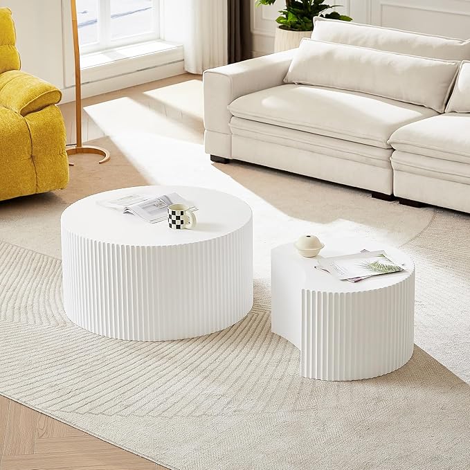 kevinplus 55.12'' White Round Nesting Coffee Table Set of 2, Modern Side End Table for Living Room, Contemporary Wood Circle Embossed Crescent Design, No Assembly, White
