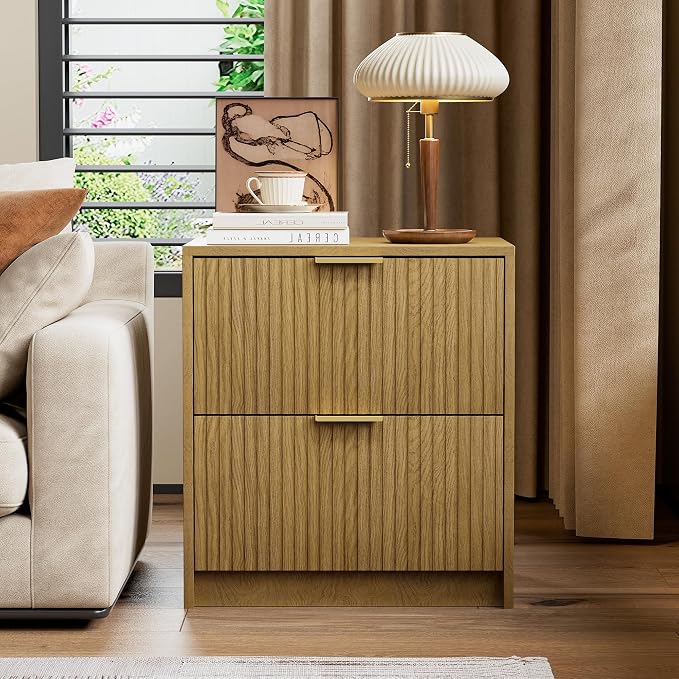 Furniway Nightstands Set of 2, Fluted Nightstand with Gold Metal Handles and 2 Drawers, Modern Bedside Table, 18.5" Wide Wood End Table for Bedroom, Natural - Image 5