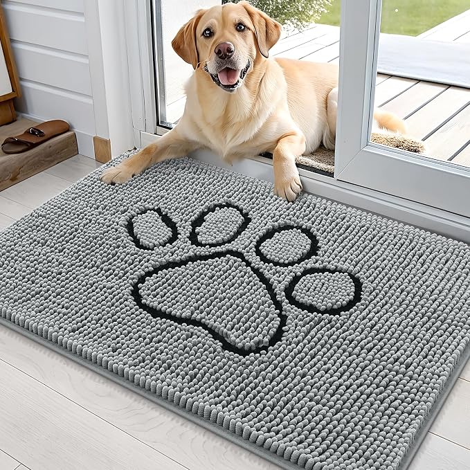 OLANLY Dog Door Mat for Muddy Paws 35x24, Paw Print Design, Absorbs Moisture and Dirt, Absorbent Non-Slip Washable Doormat, Quick Dry Chenille Mud Mat for Dogs, Entry Indoor Entryway Carpet, Grey by OLANLY