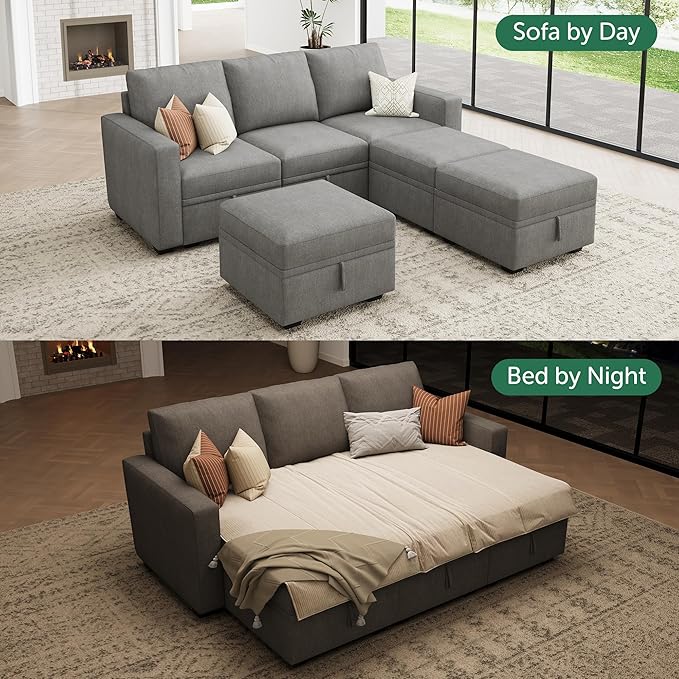 HONBAY Modular Sectional Sleeper Sofa Bed, Pull Out Couch with Storage Ottoman, U Shaped Sectional Couches for Living Room, Warm Grey