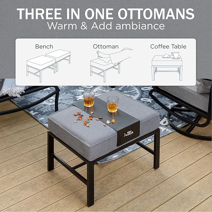 PHI VILLA 6 Piece Patio Furniture Sets with 1 x 3-Seat Deep Seating Bench, 2 x Cushioned Swivel Sofa Chairs, 1 x Coffee Table & 2 Ottoman, Outdoor Metal Conversation Set for Lawn Garden Yard,Grey