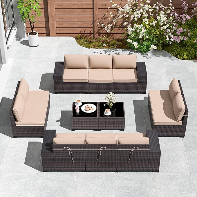 Gotland 12 Pieces Patio Furniture Set, Wicker Outdoor Sectional with Wide Armrests 29.5'' High Backrest 4'' Thick Waterproof Cushions, Oversized Patio Furniture for Deck Garden Khaki