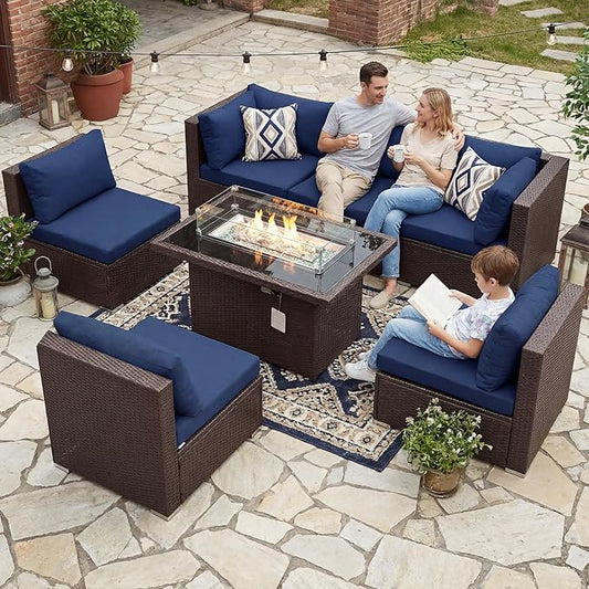 BULEXYARD 7-Piece Outdoor Patio Furniture Set with Propane/Natural Gas Fire Pit Table, Modular High-Back Sectional Couch Sofa, All-Weather Heavy Duty Backyard Seating, Brown Rattan & Navy Blue Cushion