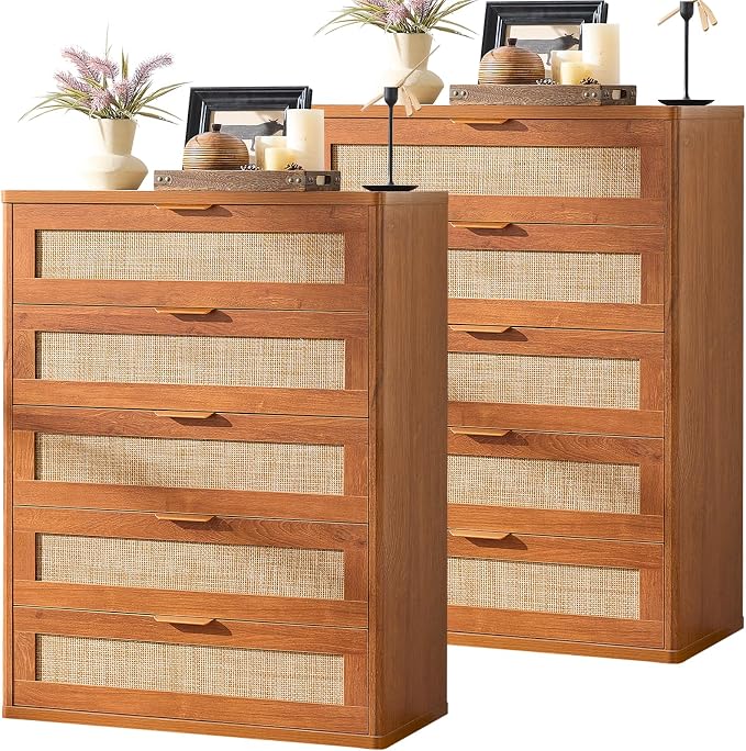 LEYAOYAO Rattan Dresser for Bedroom Set 2, 41" Tall Chest of Drawers, Modern 5 Drawers Boho Dressers with Storage, Light Oak Dresser Wooden Closet Organizer for Living Room, Hallway, Tea Brown by LEYAOYAO-Findtheshiningpointofyourideallife%EF%BC%81