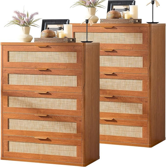 LEYAOYAO Rattan Dresser for Bedroom Set 2, 41" Tall Chest of Drawers, Modern 5 Drawers Boho Dressers with Storage, Light Oak Dresser Wooden Closet Organizer for Living Room, Hallway, Tea Brown by LEYAOYAO-Findtheshiningpointofyourideallife%EF%BC%81
