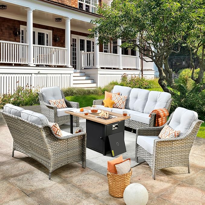 HOOOWOOO 5 Piece Patio Furniture Conversation Sets with Fire Pit Table,Outdoor Wicker Furniture,All Weather Resistant High Back Rattan Outside Furniture Patio Set(Light Grey Gray)