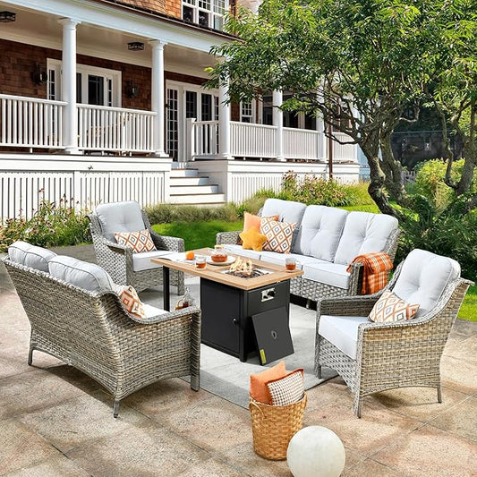 HOOOWOOO 5 Piece Patio Furniture Conversation Sets with Fire Pit Table,Outdoor Wicker Furniture,All Weather Resistant High Back Rattan Outside Furniture Patio Set(Light Grey Gray)