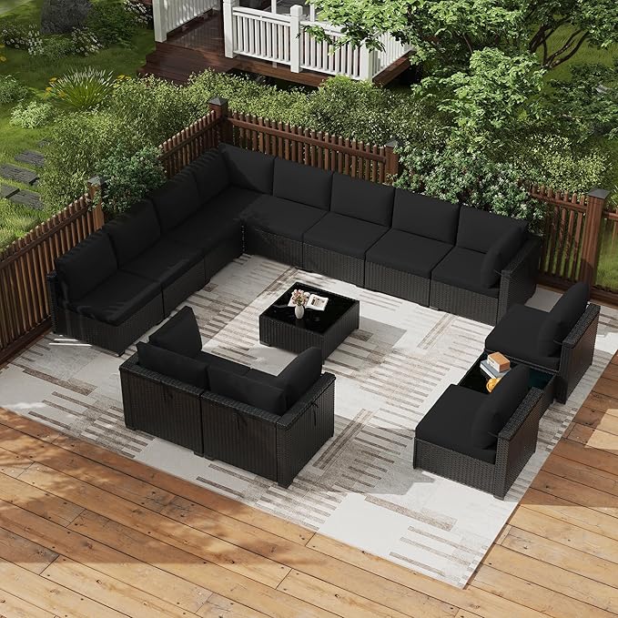 KIGOTY Patio Furniture Set,14 Pieces Modular Outdoor Sectional Sofa, PE Rattan Patio Conversation Set, All Weather Wicker Patio Furniture with Cushions and Coffee Table (Black/Black)