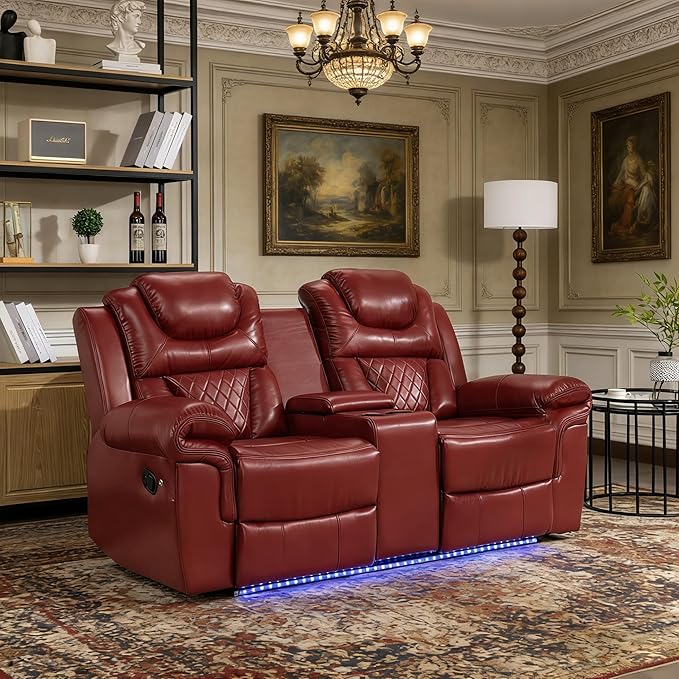 ERYE 73-Inch Oversized Manual Reclining Sofa with LED Strip and Cupholders for Living Room Home Theater, Multifunctional Faux Leather Loveseat Manual Recliner Couches | Storage Console
