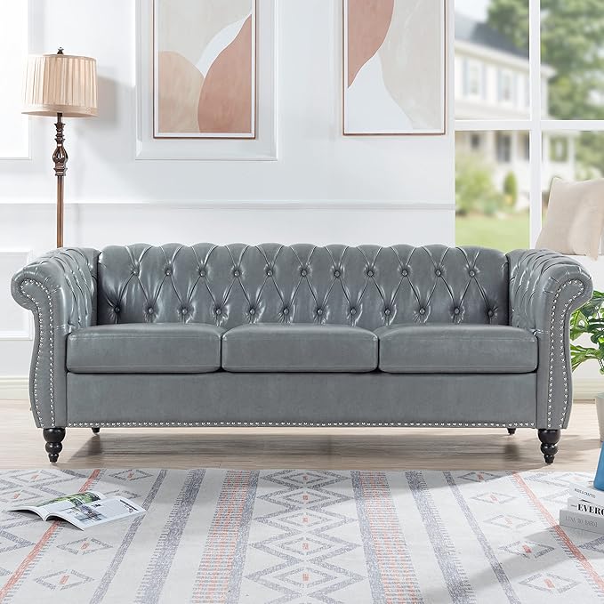 ERYE 84.5-Inch Classic 3 Seat Chesterfield Sofa Couches for Living Room Bedroom, 3 Seaters Button Tufted Faux Leather Upholstered Chesterfield Sofa Couch,Wood Legs | Button Tufted, Easy to Assemble, Nailhead, Removable Cushion