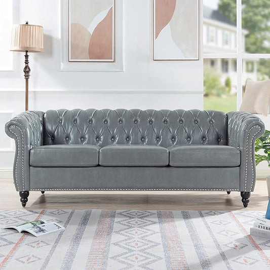 ERYE 84.5-Inch Classic 3 Seat Chesterfield Sofa Couches for Living Room Bedroom, 3 Seaters Button Tufted Faux Leather Upholstered Chesterfield Sofa Couch,Wood Legs | Button Tufted, Easy to Assemble, Nailhead, Removable Cushion