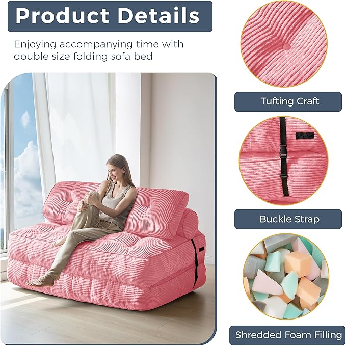 MAXYOYO Folding Sofa Bed, Convertible Sleeper Chair with Pillow Foldable Mattress with Back Support, Portable Fold Out Chair Bed Comfy Floor Sofa Lounge for Living Room Bedroom, Pink Double
