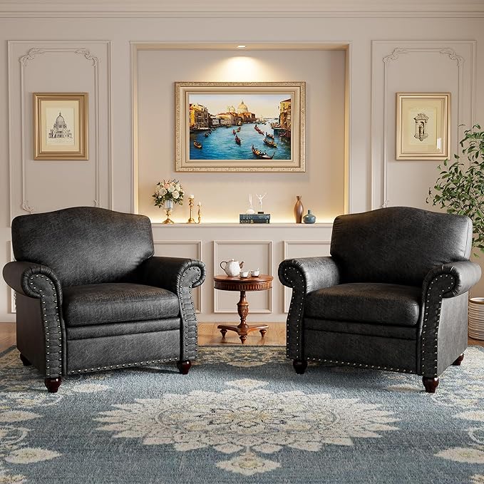 Single Sofa Chair, Faux Leather Nailhead Armchair, Rolled Arm Accent Chair for Living Room, Wood Legs, Traditional Single Couch Chair for Apartment, Farmhouse (Black, Set of 2)
