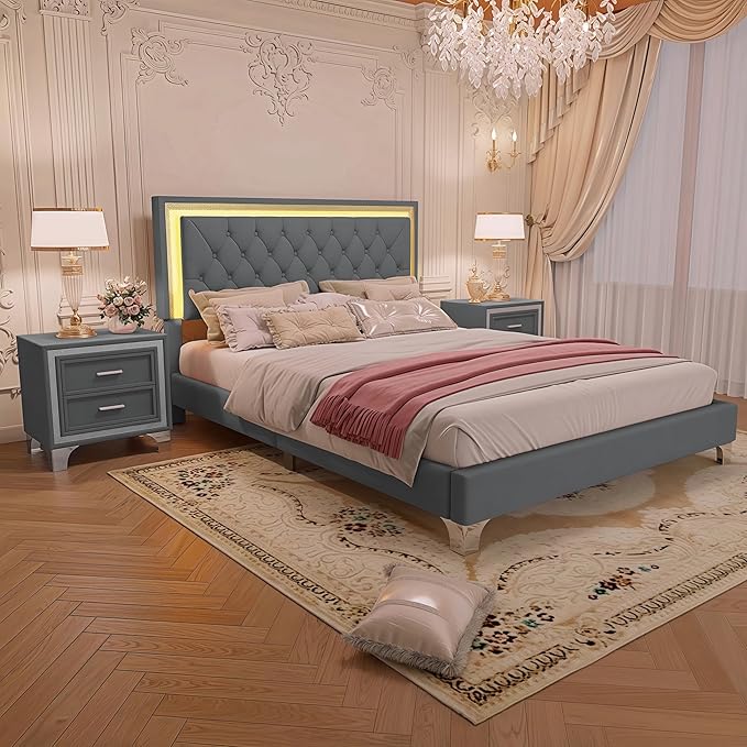Merax 3 Pieces Bedroom Set, Queen Size Upholstered Platform Bed Frame with LED Lights and 2 Nightstands,Farmhouse Bedroom Furniture Set,Gray