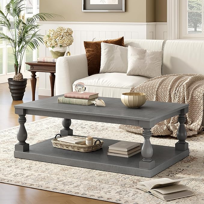 P PURLOVE Solid Wood Coffee Table,Modern Farmhouse Coffee Table/Center Table with Storage Rectangle for Living Room,Gray