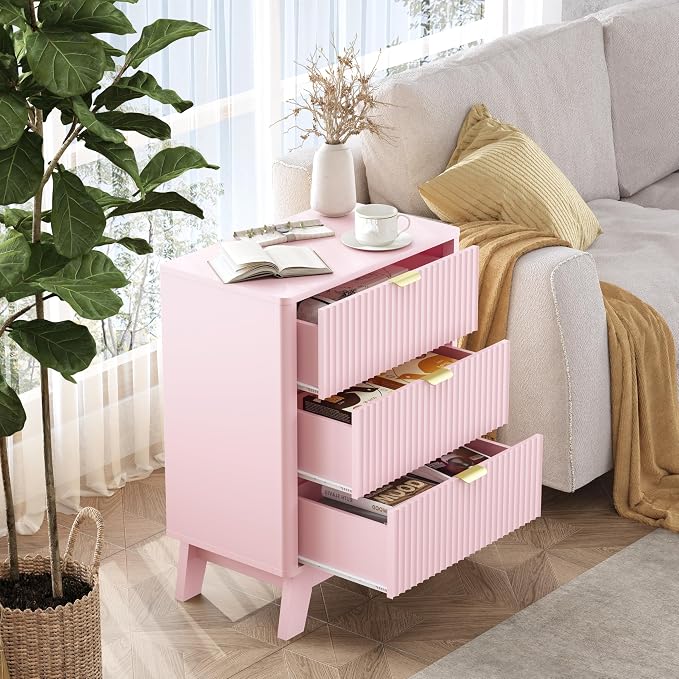 Wodeer Pink Nightstand with 3 Drawers, Mid Century Modern Wooden Bedroom Nightstand, Bedside Table & End Table with Metal Handles, Farmhouse Night Stands for Bedroom - Image 3