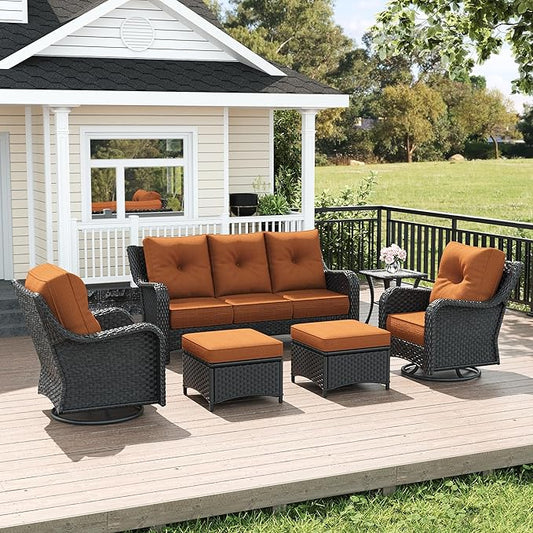 LayinSun 6 Piece Wicker Outdoor Furniture Set with 6-inch Comfy Cushions, High Back Patio Furniture Set with Swivel Rocking Chairs and Side Table