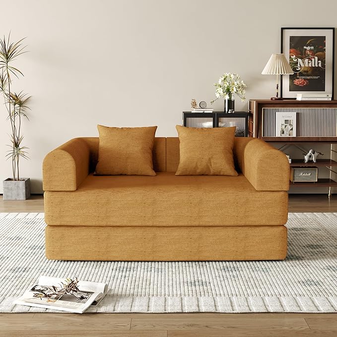 53.15'' Convertible Compressed Corduroy Folding Sofa Bed, Modern Boneless Pull Out Loveseat Sleeper in a Box, 4 in 1 Floor Mattress Futon Cloud Couch, No Assembly Needed, Yellow, 2 Pillows, Full