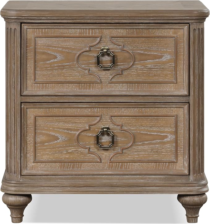 Furniture of America Weile Art Deco Solid Wood 29-inch Nightstand, Bedside Table with USB Ports, Antique Handles and Turn Legs, Wooden Night Stand for Bedroom, Guest Room, Dorm, Rustic Oak - Image 10