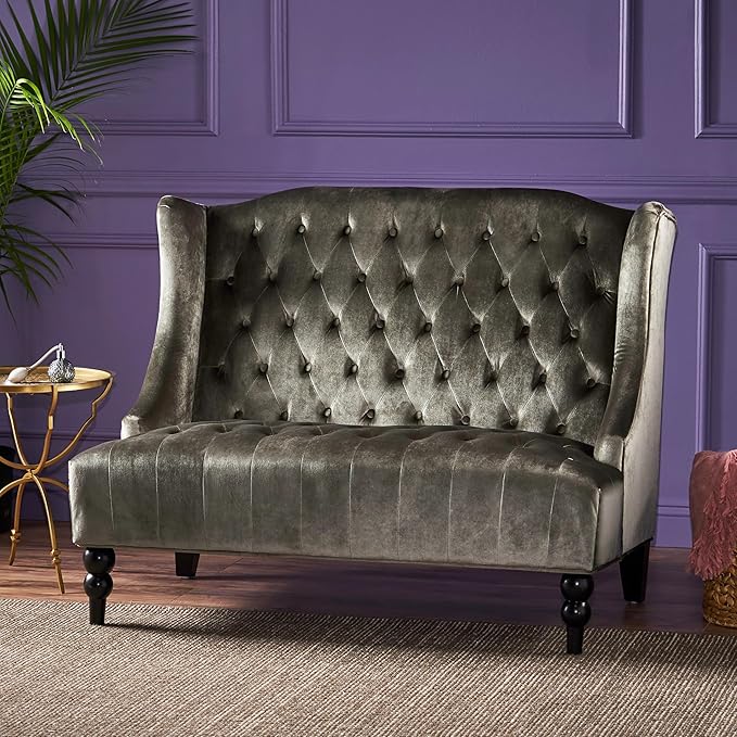 Modern Tufted Velvet Wingback Loveseat, Tufted Velvet 2 Seat Couch Sofas with High Back Thick Padded Cushioned Seats for Living Room, Victorian Style, Grey