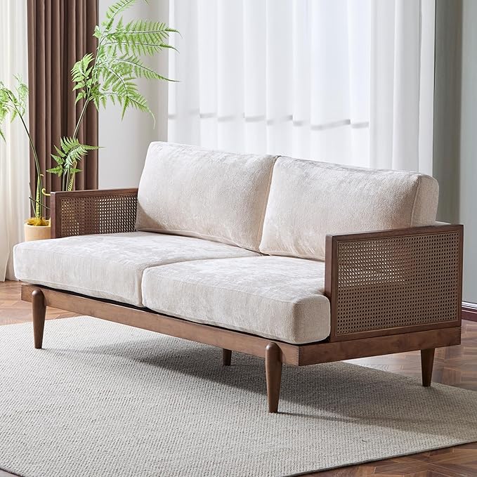 Merax 72" Spacious 2-Seater Sofa Couch with Armrests, Cane Rattan Wooden Frame Loveseat Sofa for Living Rooms, Bedrooms, Apartment, Office (Walnut+Beige)