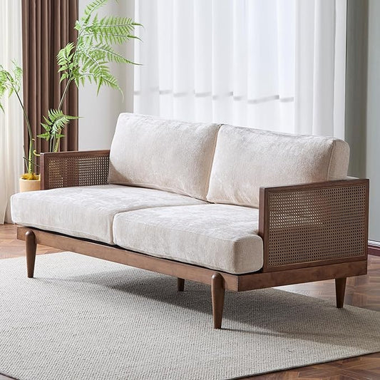 Merax 72" Spacious 2-Seater Sofa Couch with Armrests, Cane Rattan Wooden Frame Loveseat Sofa for Living Rooms, Bedrooms, Apartment, Office (Walnut+Beige)
