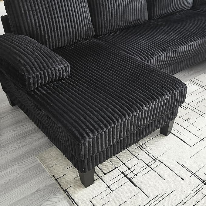 U Shaped Couch, 4-Seat Sectional Sofa with Double Chaise, Oversized Corduroy Cloud Couch for Living Room, Apartment, Black