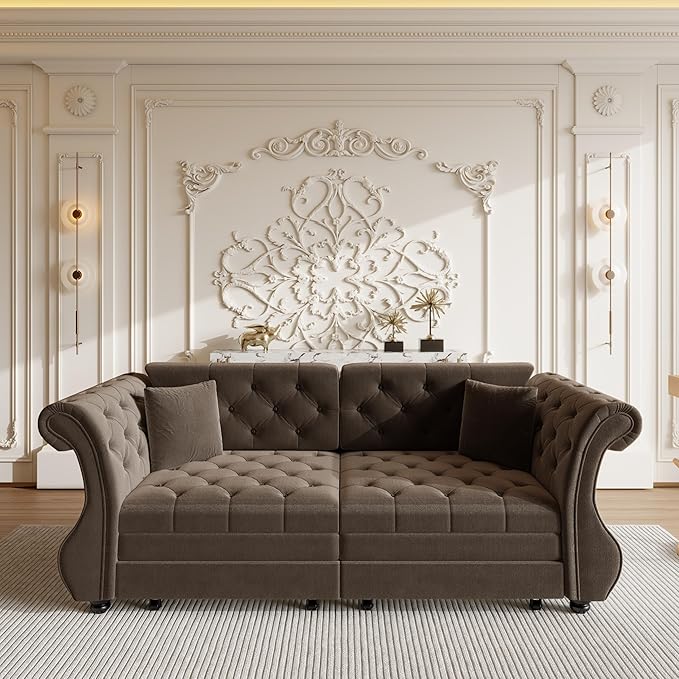 Eafurn Oversized 3-Seater Chesterfield Loveseat Convertible Queen Size Sleeper Couch Bed,Classic Tufted Velvet Pull Out Loveseat Sofa Bed with Roll Armrest and Solid Wood Legs