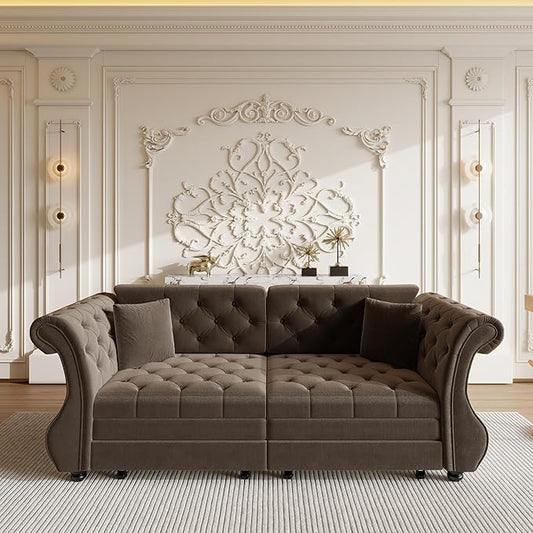 Eafurn Oversized 3-Seater Chesterfield Loveseat Convertible Queen Size Sleeper Couch Bed,Classic Tufted Velvet Pull Out Loveseat Sofa Bed with Roll Armrest and Solid Wood Legs