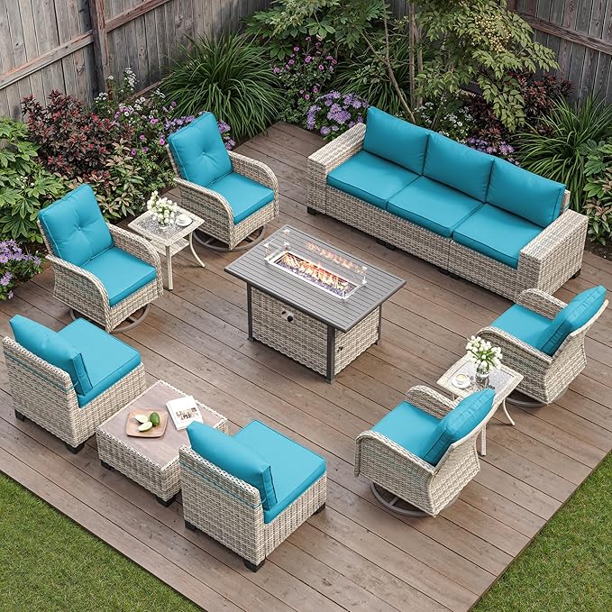 13-Piece Outdoor Patio Furniture Set with Rocking Swivel Chair, PE Wicker Rattan Sectional Sofa Patio Conversation Set with 55,000 BTU Fire Pit Table & Coffee Table, Turquoise